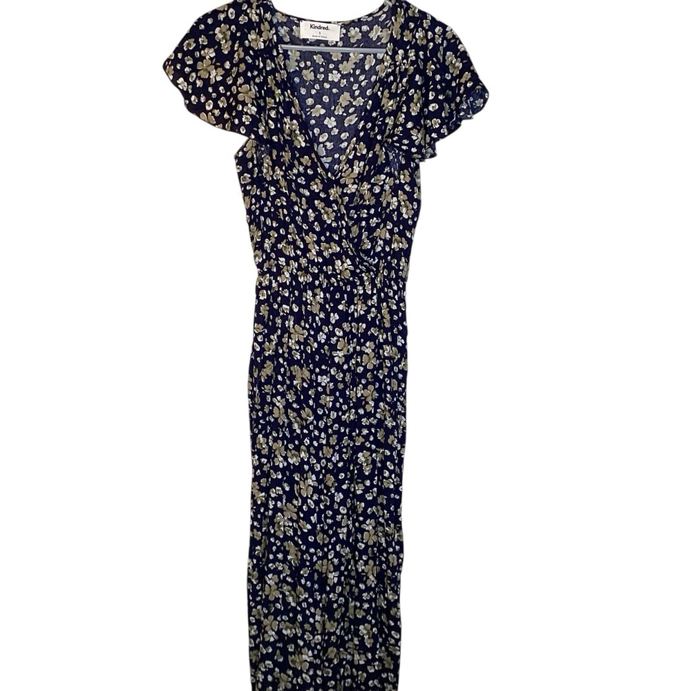 Anthropologie‎ Kindred Jumpsuit Women Navy Blue Sz S Floral Wide Leg Boho EUC
